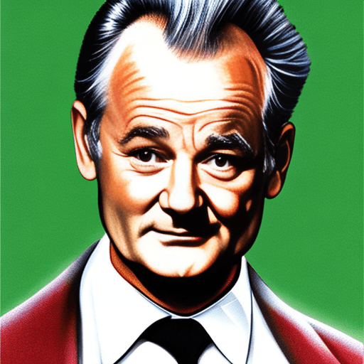 Portrait digital art of Bill Murray from Scrooged (Arcane). wearing a suit, Christmas,<br />
Negative prompt: cartoon, 3d, ugly face, (disfigured), (bad art), (deformed), (poorly drawn), (extra limbs), strange colours, blurry, boring, sketch, lacklustre, repetitive, cropped, hands<br />
Steps: 40, Sampler: DDIM, CFG scale: 13, Seed: 3408805360, Face restoration: GFPGAN, Size: 512x512, Model hash: 09dd2ae4, Batch size: 6, Batch pos: 4